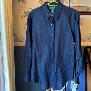Lauren Ralph Lauren Linen Navy blue logo pocket dress shirt buttons down NWT